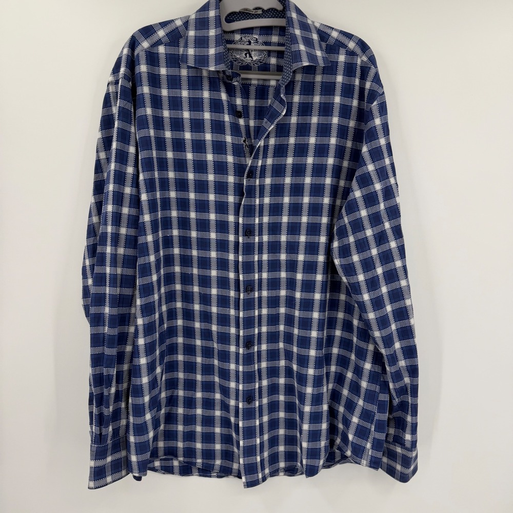 Bugatchi Uomo Mens Blue White Plaid Shaped Fit Long Sleeve Cotton Shirt L